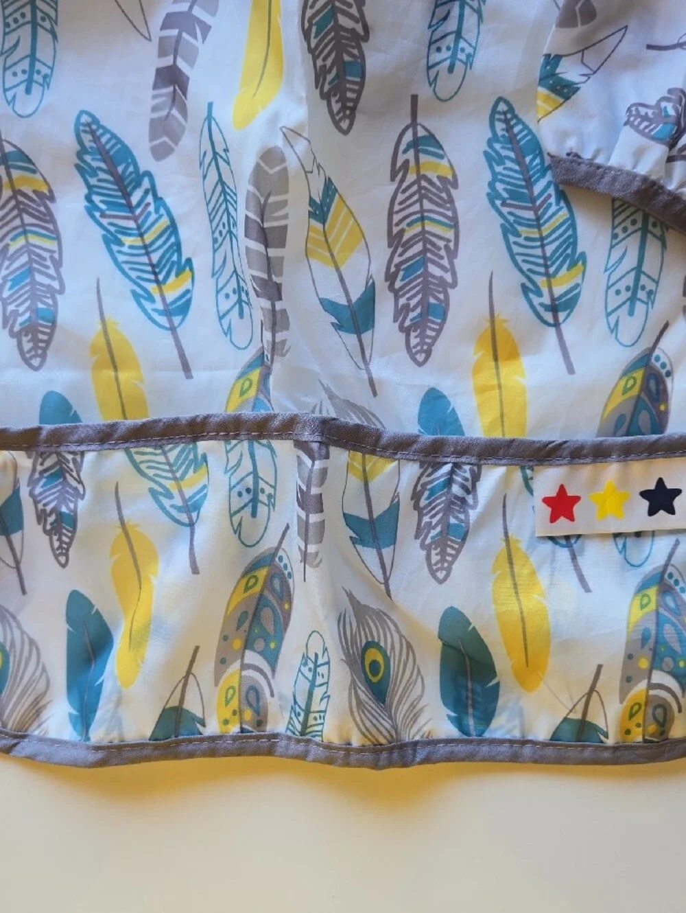 Feather Print Long Sleeve Baby Bib - Yellow Teal Gray